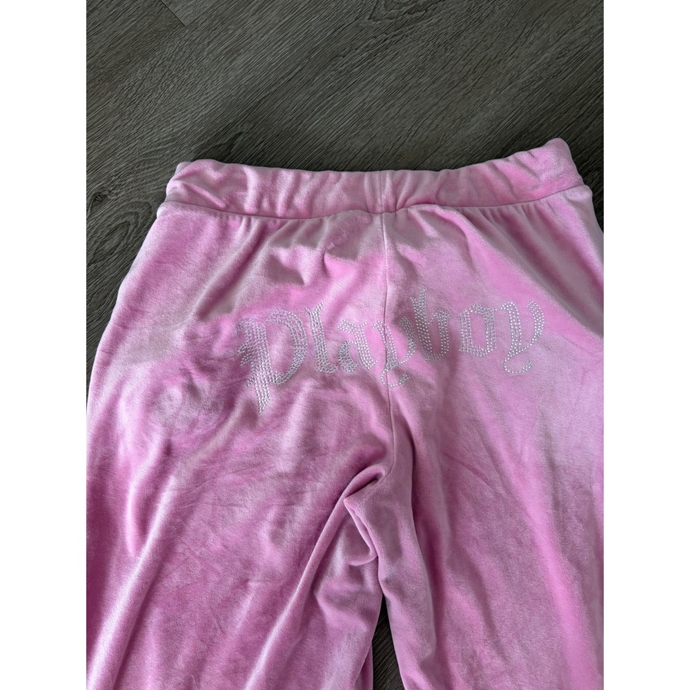 Playboy Pink Velour Rhinestone Wide Leg Track Pants M PBU38-2105 Y2K Joggers